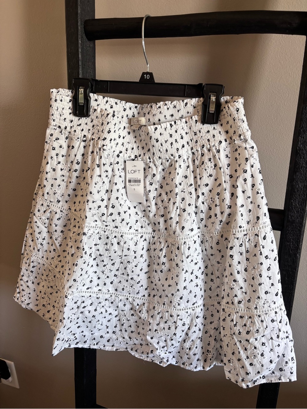 LOFT White Mini Skirt with Black Floral Dots